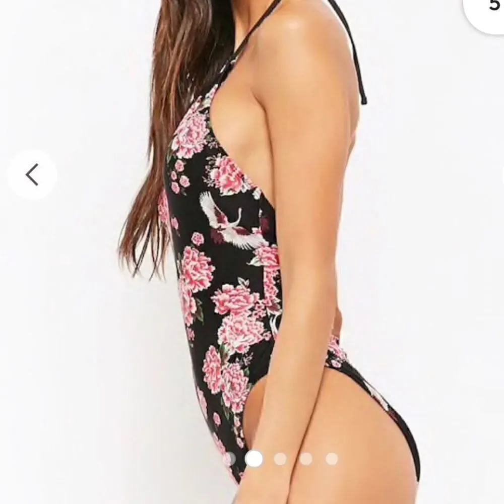Black halter neck one piece swimsuit with roses and cranes print